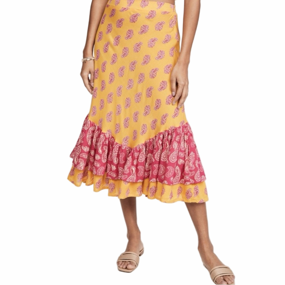 NWT Coolchange Vibrant Pink Orange Boho Tired Ruffle Paisley Skirt XS